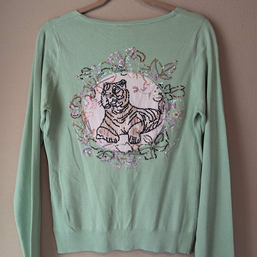 Mint Green Sweater with Embroidered Tiger Design